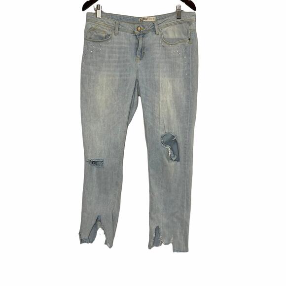 Zara Basic Z1975 Light Wash Pearl Embellished Cropped Ripped Jeans 6/28 - Picture 1 of 12